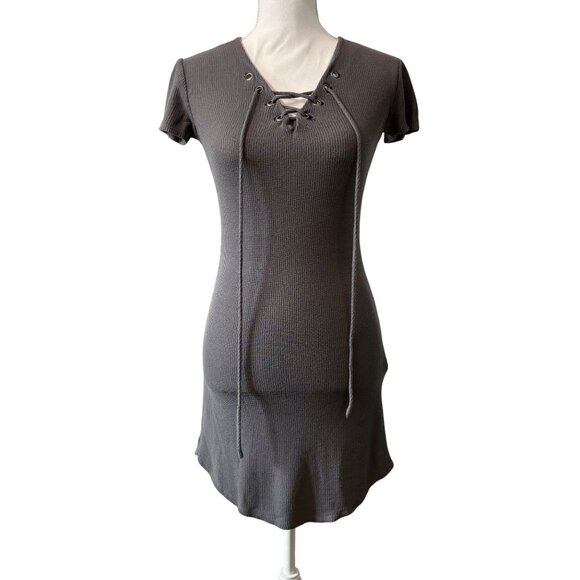 Gray Lace-Up Ribbed Short Sleeve Bodycon Mini Dress Size S Forever 21 - Picture 1 of 9